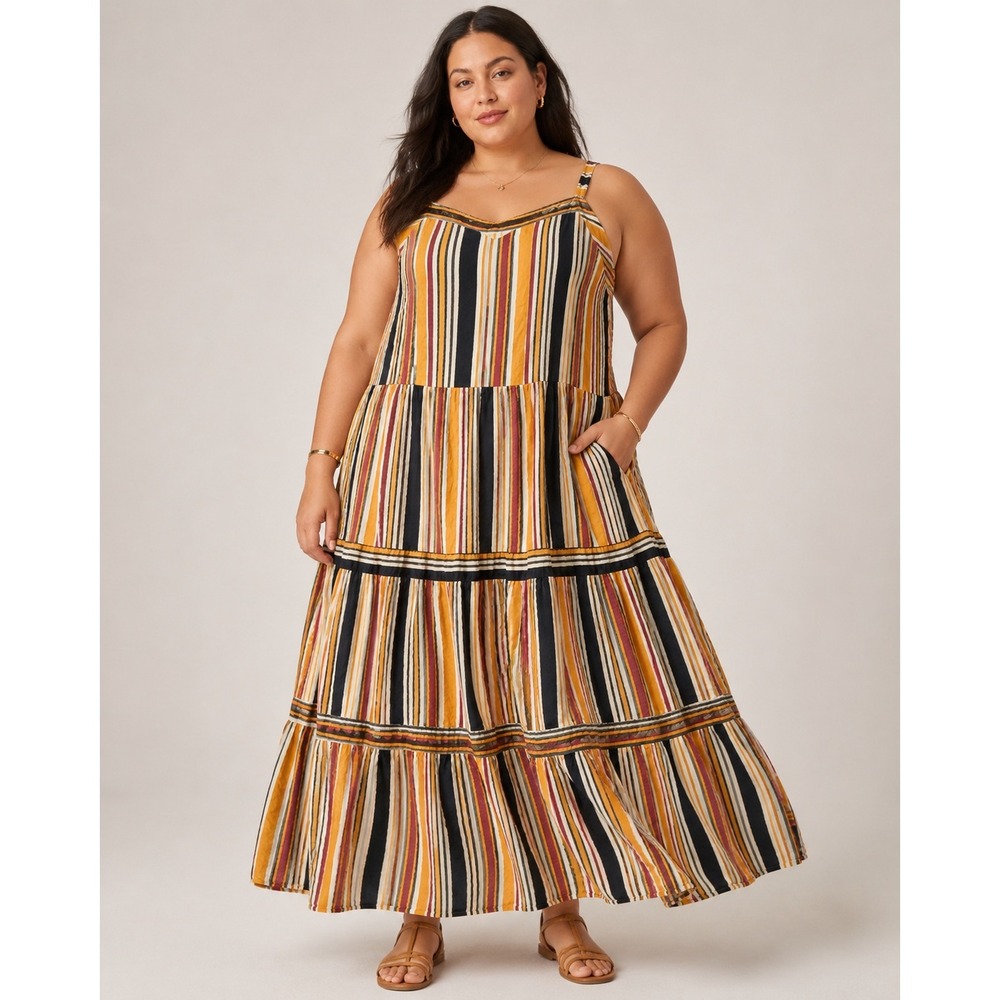 LOFT‎ Plus Rivera Striped Tiered Cotton Maxi Sun Dress L Orange Yellow 70s Style